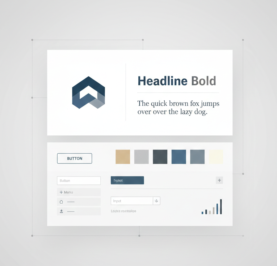 A minimalist illustration showing brand identity elements such as logo, typography, and color palette arranged consistently.
