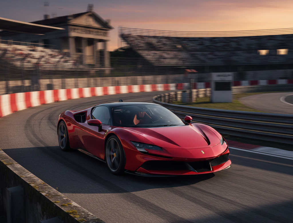 A red Ferrari supercar on a historic racing circuit, representing speed, luxury, exclusivity, and Ferrari’s motorsport heritage.